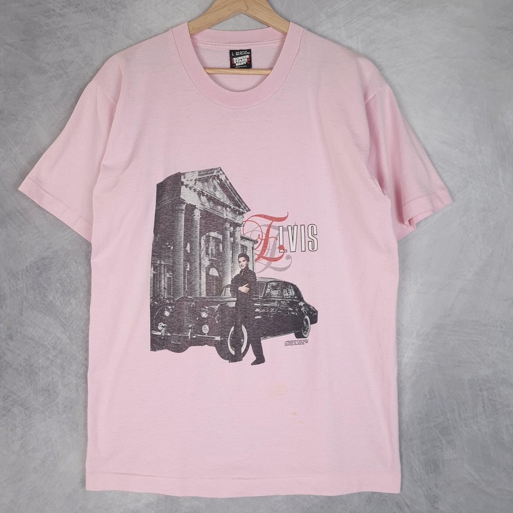 Vintage Elvis Presley Shirt Mens Large Pink Car Graphic Screen Stars Best USA